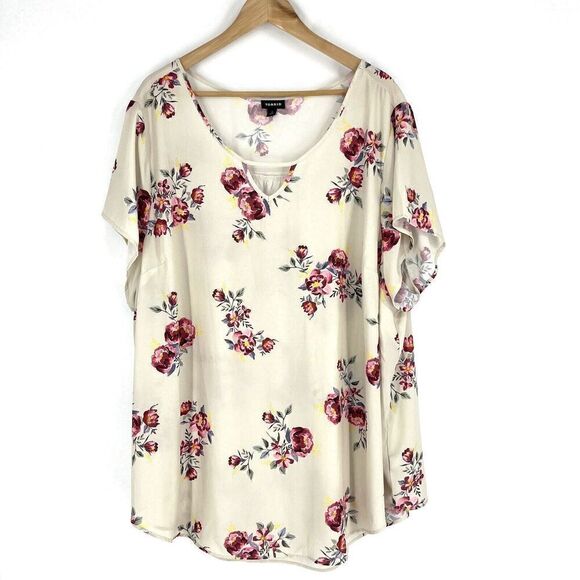 Torrid Top Size 4 Womens White Georgette Keyhole Blouse Floral Print Chiffon - Picture 1 of 7